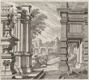 Architectural Fantasy with a Fountain, Classical Ruins, and a Bridge by Giuseppe Antonio Landi