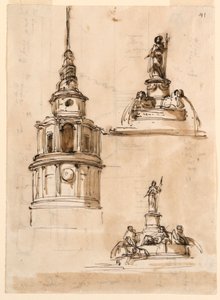 Elevation of a Tower; Fountains; Staircase