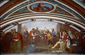Galileo Galilei demonstrates the law of gravity with an inclined plane during a public lecture in Pisa by Giuseppe Bezzuoli