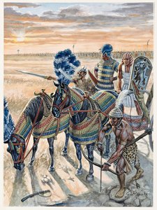 Egyptian Antiquity: Representation of Pharaoh Ramses II with His Army - Illustration by Giuseppe Rava