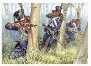 First empire: Light infantry soldiers in the woods (illustration by Giuseppe Rava)