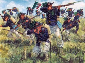 Italian Campaign of 1859 (Second Italian Independence War): bersaglieri (bersagliers) of the Italian army in action - Illustration by Giuseppe Rava by Giuseppe Rava