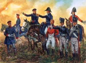 Arthur Wellesley, Duke of Wellington, and Gebhard Leberecht von Blucher at the Battle of Waterloo 18 June 1815 (Illustration by Giuseppe Rava)