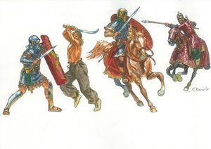 Roman legionary fighting a Dacian warrior and Roman horseman against a Sarmatian Cataphract