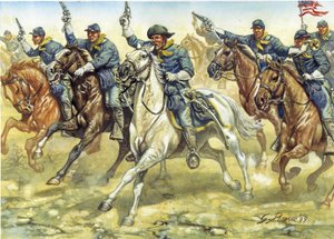 Secession War (1861-1865): soldiers of the northern cavalry (Union) during a battle - American civil war: soldiers of the cavalry of the North (Union) during a battle - Illustration by Giuseppe Rava