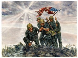 Second World War, Pacific War: Battle of Iwo Jima, US Marines victory in February 1945 (Illustration) by Giuseppe Rava