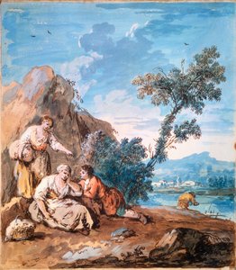 Three peasants resting on a river bank