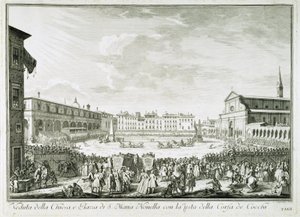 Festa della Corsa dei Cocchi in Piazza Santa Maria Novella. The feast of Corsa dei Cocchi square of the Church of Santa Maria Novella in Florence. Drawing by Giuseppe Zocchi. Firenze, Biblioteca Riccardiana.