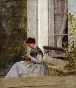 A Woman Crocheting by Giuseppe or Joseph de Nittis
