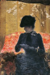 Woman on red sofa by Giuseppe or Joseph de Nittis