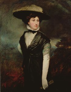 Portrait of Amy Bird, the Actress, Standing Three-Quarter Length, in Black, a Landscape Beyond