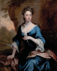 Portrait of Elizabeth Skipwith, Lady Craven, three-quarter-length, in a blue dress and red shawl, a wooded river landscape beyond, 1704