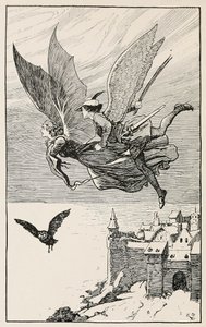 The travelling companion flew behind her, from Fairy Tales from Hans Anderson, pub 1919