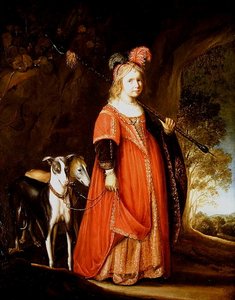 Portrait of a young girl as Diana, in a glade with two greyhounds