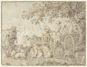 Farmers and Cattle by a Farm Wagon by Govert Dircksz. Camphuysen (possibly)