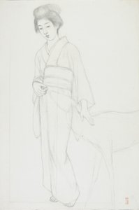 Drawing of Woman Stroking a Deer by Goyo Hashiguchi