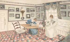 Two young women writing and sewing in an interior at Hatton, Warwickshire by Granddaughters of Dr. Samuel Parr.
