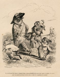 Two Little Hares with Their Big Sister Stopped by an Owl in a Field. A Fox Hunting Behind Them. Illustrated Vignettes by JJ Granville. Engraving signed Breviere in the section 