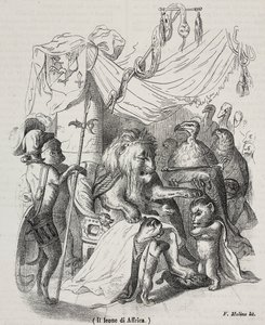 Lion of Africa, character of story of African Lion and three native young lions by Grandville