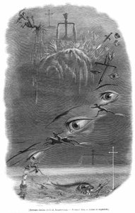 A scene dreamed of by cartoonist Grandville during a nightmare that just preceded his death. Georges Bataille wrote about this engraving: the criminal dreams that he has just hit a man in a dark wood.. Human blood was spread and, following an expression th
