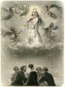 Allegory of a young woman surrounded by 4 suitors, who compares herself to a planet around which four satellites gravitate, one of which will become her sun. Grandville engraving illustrating a chapter in Mery