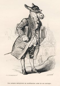 Academic Donkey Loaded with Works. Illustrated Vignettes by JJ Granville. Engraving signed Caque in the section 