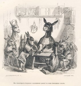 Donkeys at School. Illustrated Vignettes by JJ Granville. Engraving signed Caque in the section 