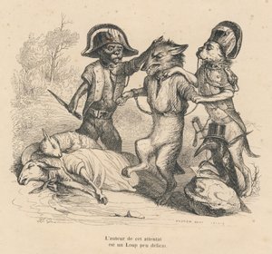 Arrest of a Wolf Coming from Killing Two Sheep. Illustrated vignettes by JJ Granville. Engraving signed Andrew, Best and Leloir in the section titled 