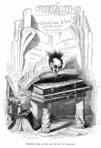 Cartoon: Chrysalid of a scholar buried in the books of a bibliotheque - Grandville engraving, extracted from the book 