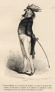 Rooster Used to the Combat Barrier Walking Proudly. Illustrated Vignettes by JJ Granville. Engraving Signed Caque in the Section 