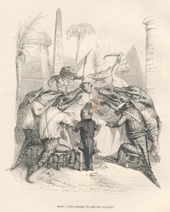 Crocodiles Around a Table in Egypt. Illustrated vignettes by JJ Granville. Engraving signed Andrew, Best and Leloir in the section titled 