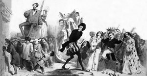 French romantic writers (Alfred de Vigny, Victor Hugo, Alexandre Dumas the Father, Honore de Balzac) wanting to enter French Academy but doors are closed, engraving by Grandville (1803 47)
