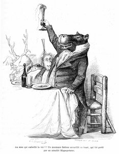 Grandville Engraving, from the Book Private and Public Life of Animals, Edition Hetzel 1867 - Hippopotamus Worldly at a Table at a Banquet, Raising His Glass and Carrying a Toast. Legend: Sex that Beautify Life!