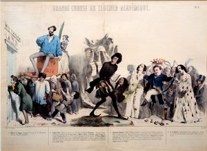Great Race to the Academical Bell Tower. The Writers Alfred de Vigny, Eugene Sue, Alexandre Dumas, and Honore de Balzac are Recognized. Engraving by Gerard Grandville by Grandville