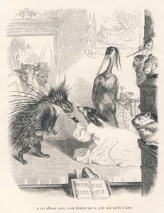 Opera with a porcupine, a dog and a heron on stage. Illustrated vignettes by JJ Granville. Engraving signed Godard in the section titled "The First Serial of Pistolet" written by Jules Janin in "Scenes from the Private and Public Life of Animals" by Grandville
