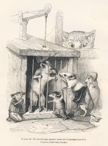 Trap: Cat Watching Mice Come to Mourn the One Who Was Imprisoned. Illustrated Vignettes by JJ Granville. Engraving signed Andrew, Best and Leloir in the section 