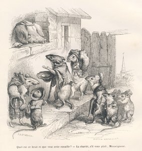Mouse Giving Charity to a Pig. Illustrated vignettes by JJ Granville. Engraving signed Andrew, Best and Leloir in the section titled 