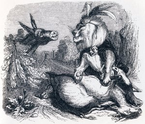 The Lion and Donkey Hunting - Fables by La Fontaine by Grandville