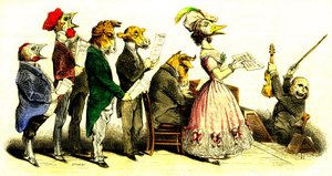The Vocal Concert - Chorale: Singers with Animal Heads and Choir Conductor Represented as a Monkey - Lithography by Grandville (Jean Ignace Isidore Gerard 1808-1847) from the Book 