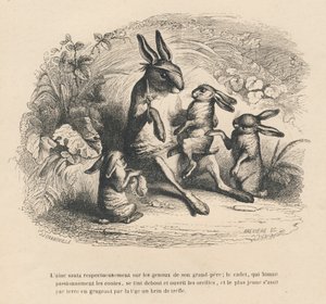 Three Rabbit Children Listening to Their Injured Grandfather Tell Stories. Illustrated Vignettes by JJ Granville. Engraving Signed Breviere in the Section 