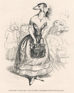 ... outside the theater, these animals are even uglier. Illustrated vignettes by JJ Granville. Engraving signed Godard in the section titled "The First Serial of Pistolet" written by Jules Janin in "Scenes from the Private and Public Life of Animals"