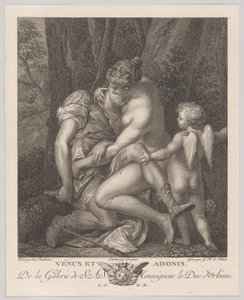 Venus mourning Adonis, seated beneath a tree and embracing him, with Cupid at right