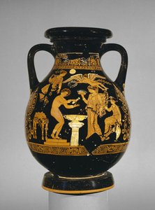 Apulian red-figure pelike decorated with a scene of a bride at her toilette, the Suckling Group, found at Basilicata
