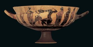 Attic black-figure siana cup depicting Theseus and the Minotaur, 560-550 BC