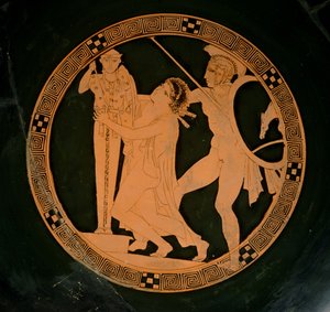 Attic red-figure cup depicting Cassandra chased by Ajax seeking refuge by a xoanon of Athena, c.430 BC by Greek