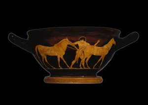 Attic Red-Figure Skyphos, Depicting Herakles and the Mares of Diomedes