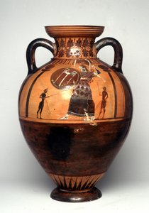Black Figure Vase Depicting Athena Brandishing a Shield and Spear, 550 BC by Greek