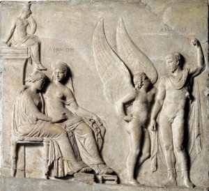 Paris, prince of Sparta and Helen of Troy, with Aphrodite - Marble relief by Greek