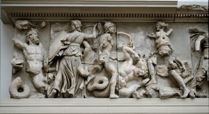 Greek art: representation of Hecate and Artemis. Frieze of the altar of Zeus at Pergamon, low relief of Eumene II by Greek
