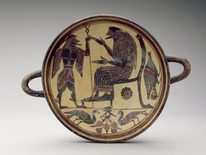 Laconian Kylix Cup Depicting Zeus and Hermes, c.550-530 BC by Greek